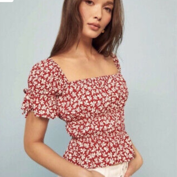 NWT Reformation Solis Top Red Floral Smocked Crop Sz: XL - Picture 6 of 9